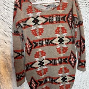 Pink Owl Geometric Long Sleeve Dress - Red and Tan